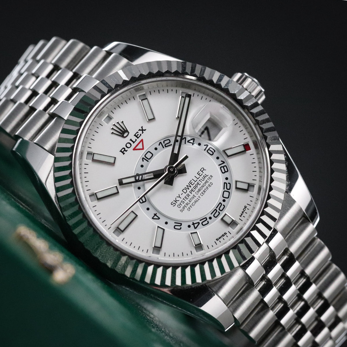 Rolex Sky-Dweller White Dial 42mm Fluted White Gold Bezel Jubilee Steel 326934