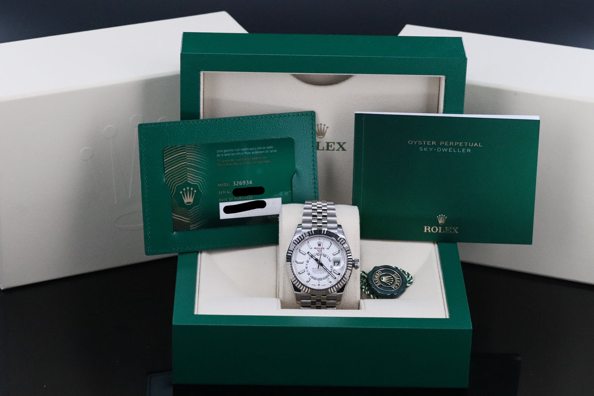 Rolex Sky-Dweller White Dial 42mm Fluted White Gold Bezel Jubilee Steel 326934