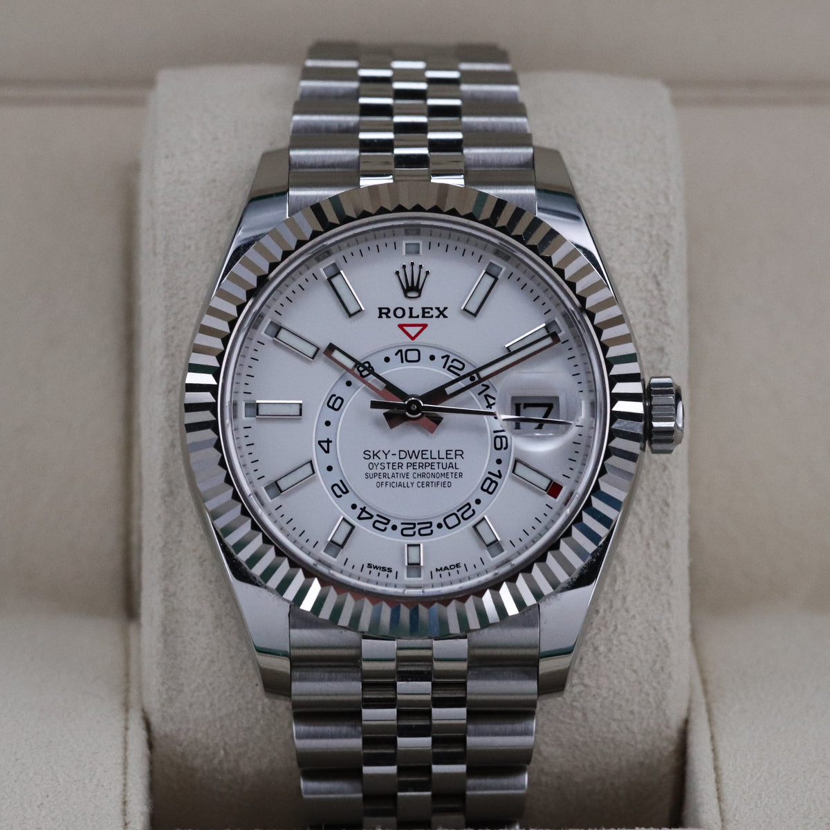 Rolex Sky-Dweller White Dial 42mm Fluted White Gold Bezel Jubilee Steel 326934