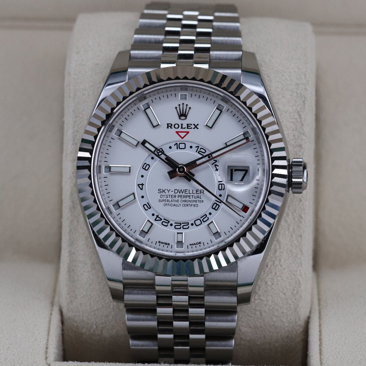 Rolex Sky-Dweller White Dial 42mm Fluted White Gold Bezel Jubilee Steel 326934