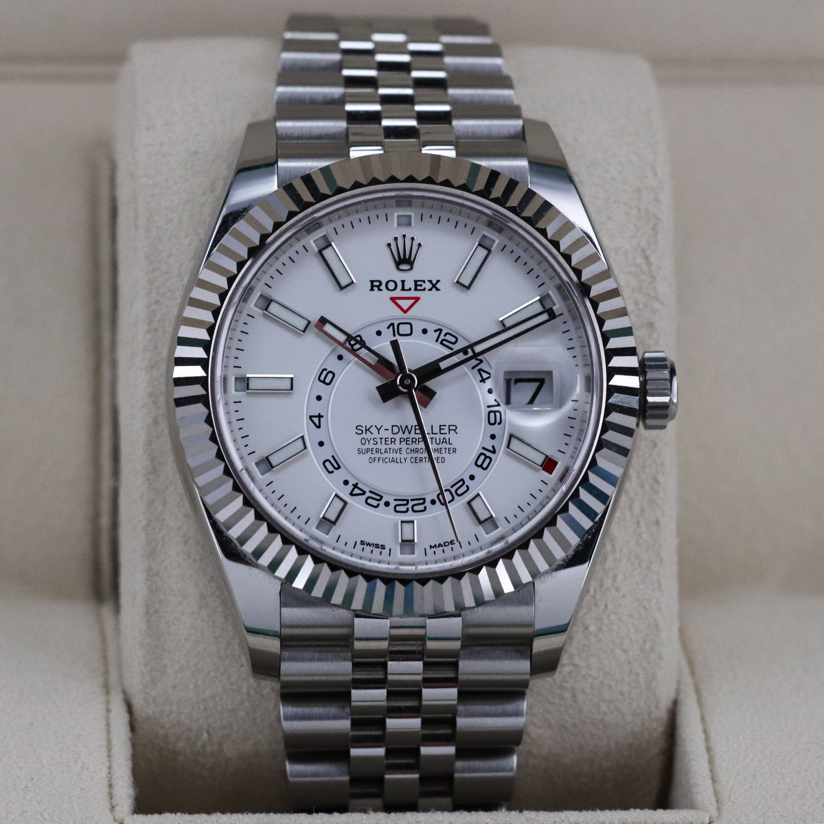 Rolex Sky-Dweller White Dial 42mm Fluted White Gold Bezel Jubilee Steel 326934