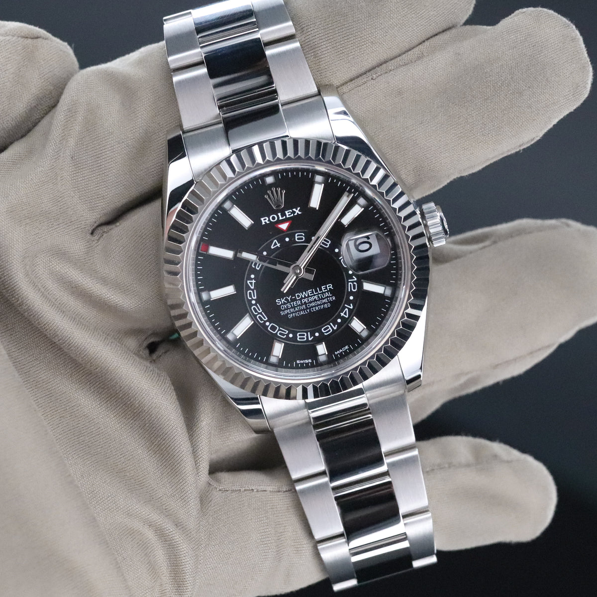 Rolex Sky-Dweller Black Dial 42mm Fluted White Gold Bezel Oyster Steel Bracelet 326934
