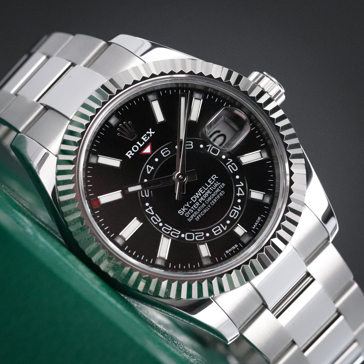 Rolex Sky-Dweller Black Dial 42mm Fluted White Gold Bezel Oyster Steel Bracelet 326934