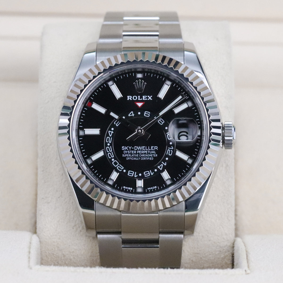 Rolex Sky-Dweller Black Dial 42mm Fluted White Gold Bezel Oyster Steel Bracelet 326934