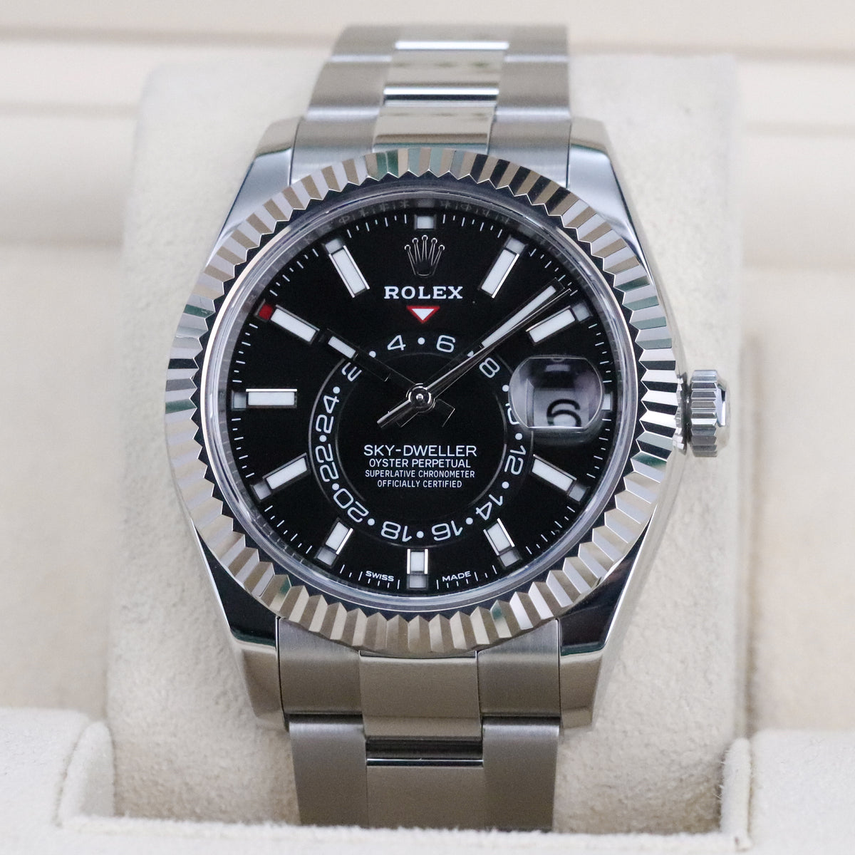 Rolex Sky-Dweller Black Dial 42mm Fluted White Gold Bezel Oyster Steel Bracelet 326934