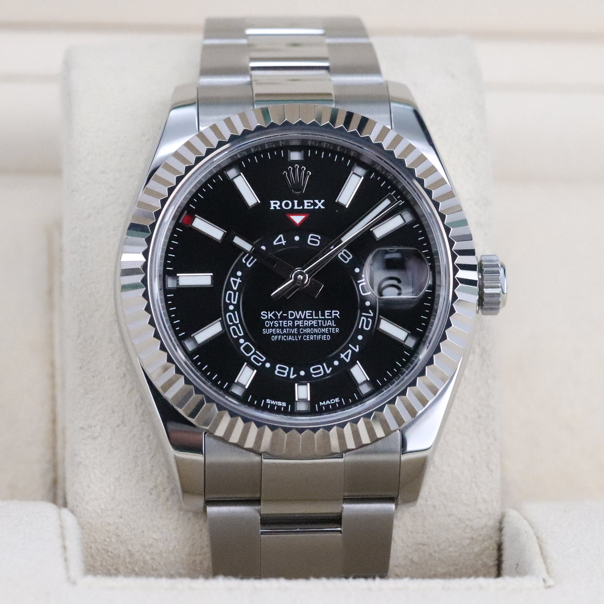Rolex Sky-Dweller Black Dial 42mm Fluted White Gold Bezel Oyster Steel Bracelet 326934