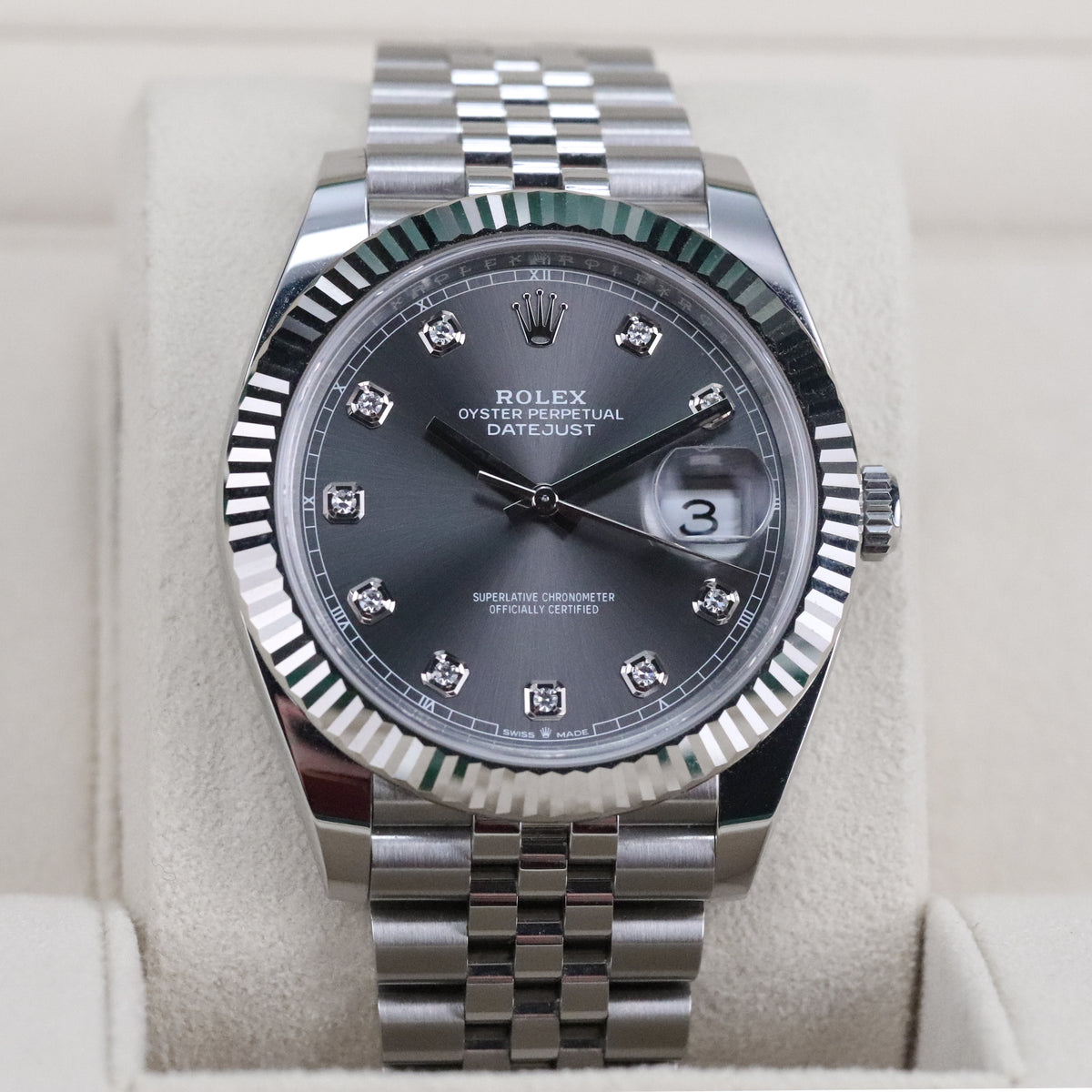 Rolex Datejust 41 Rhodium Diamond Fluted White Gold Jubilee Silver 126334