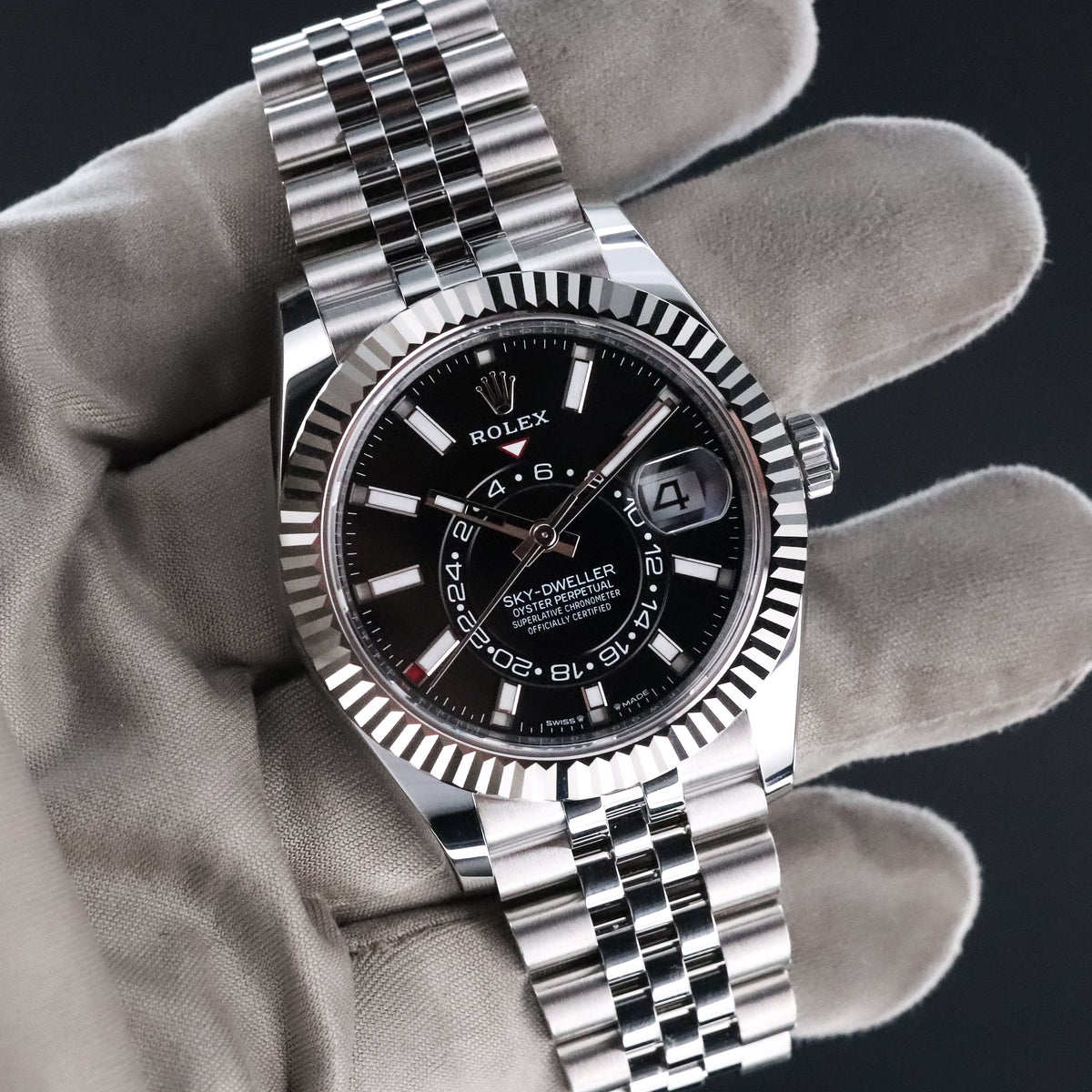 Rolex Sky-Dweller 42mm Black Dial Fluted White Gold Bezel Steel Jubilee Bracelet 336934