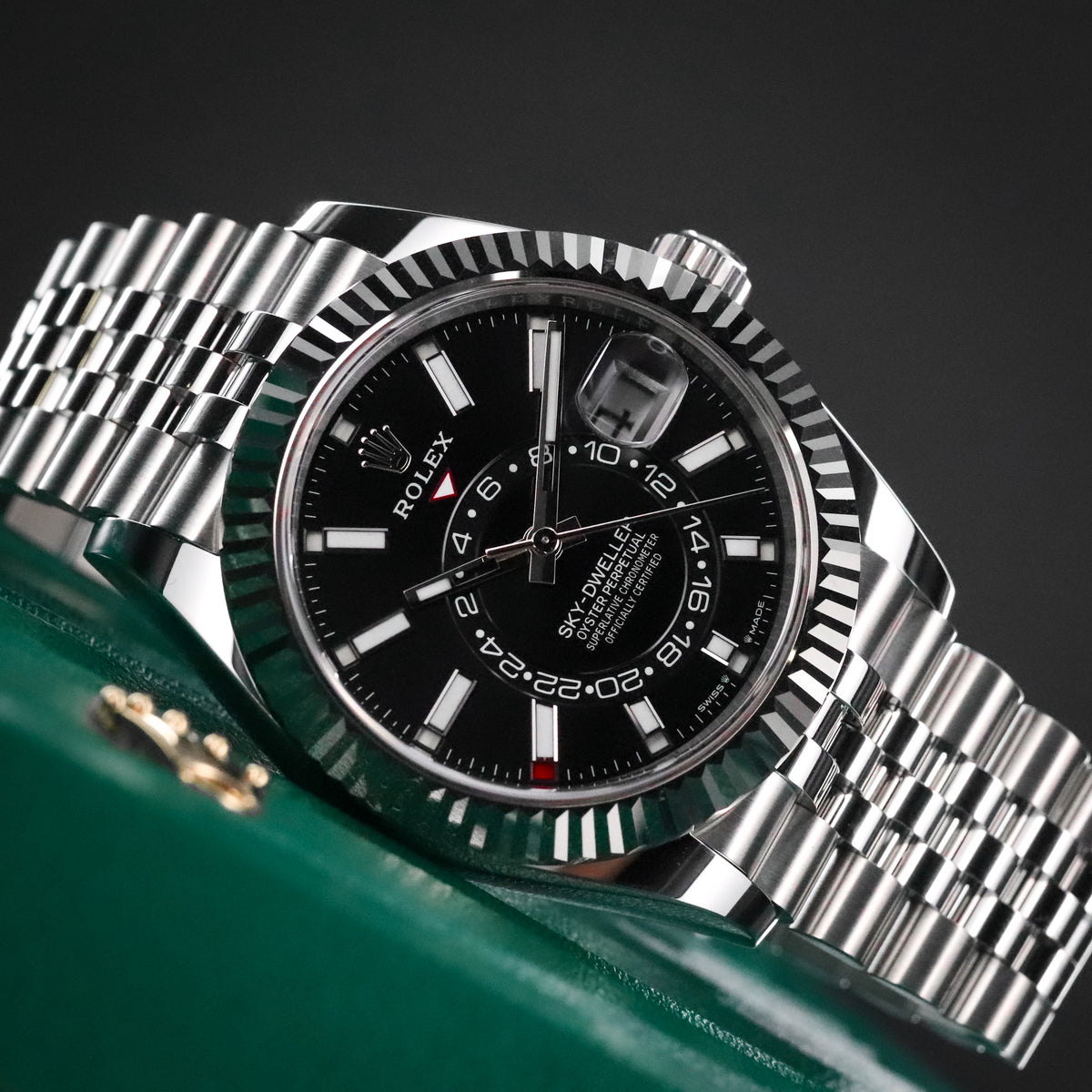Rolex Sky-Dweller 42mm Black Dial Fluted White Gold Bezel Steel Jubilee Bracelet 336934