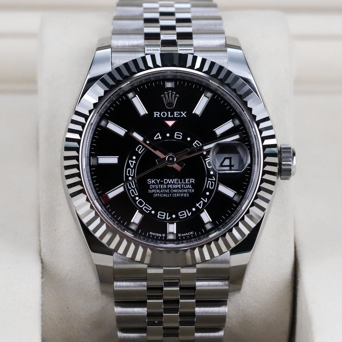 Rolex Sky-Dweller 42mm Black Dial Fluted White Gold Bezel Steel Jubilee Bracelet 336934