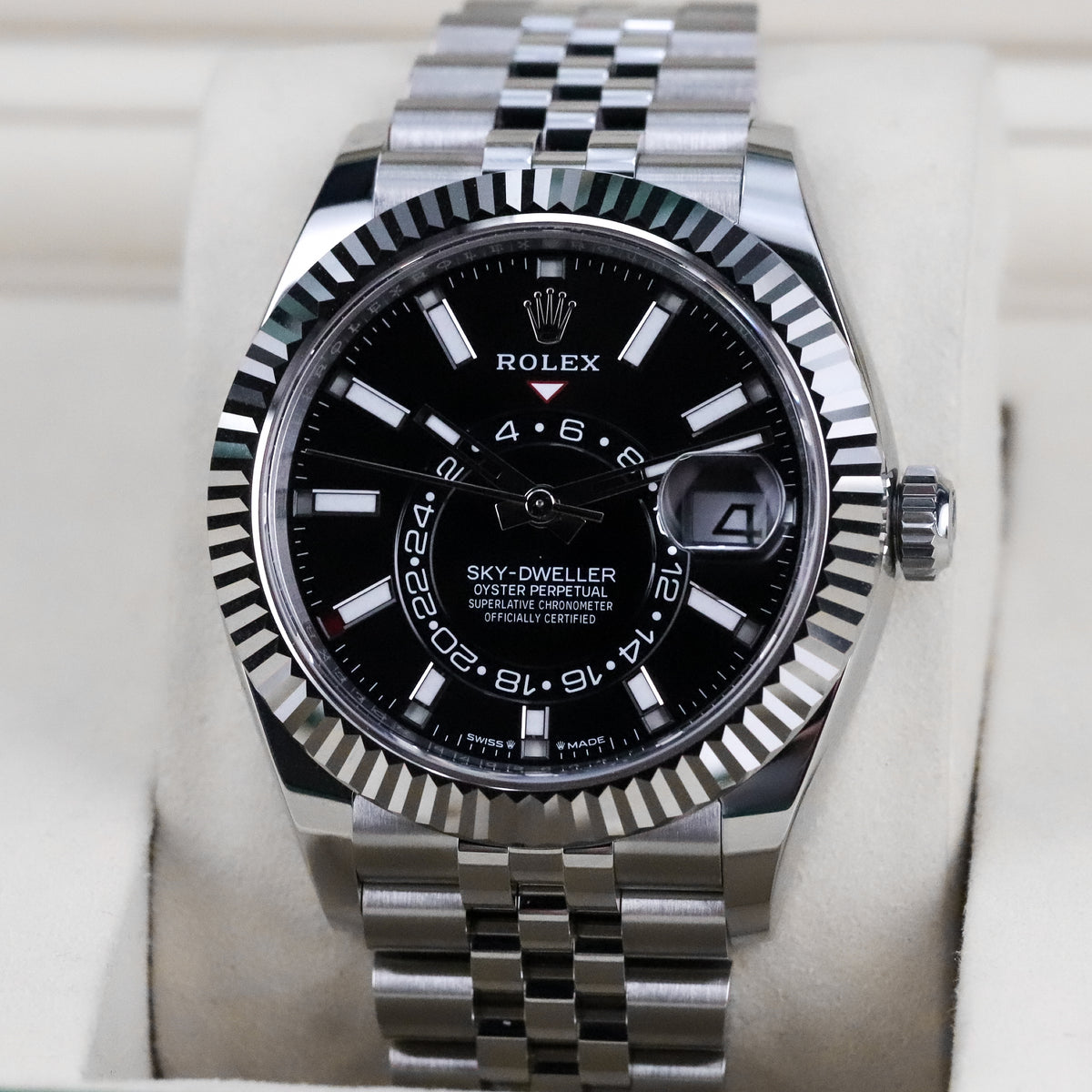 Rolex Sky-Dweller 42mm Black Dial Fluted White Gold Bezel Steel Jubilee Bracelet 336934