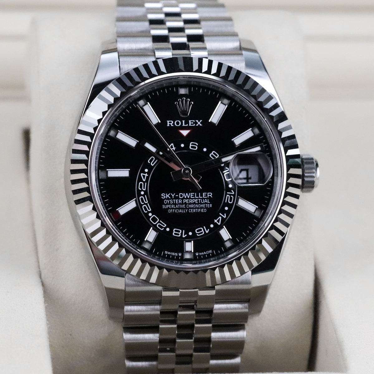 Rolex Sky-Dweller 42mm Black Dial Fluted White Gold Bezel Steel Jubilee Bracelet 336934