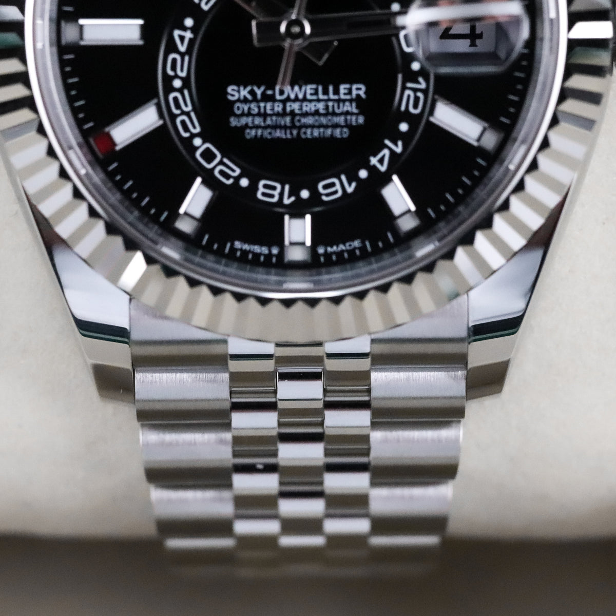 Rolex Sky-Dweller 42mm Black Dial Fluted White Gold Bezel Steel Jubilee Bracelet 336934