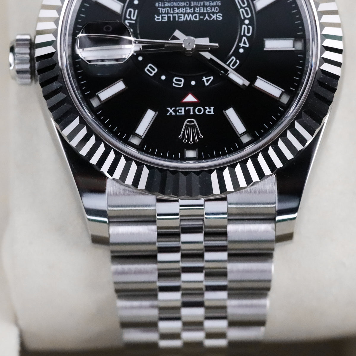 Rolex Sky-Dweller 42mm Black Dial Fluted White Gold Bezel Steel Jubilee Bracelet 336934
