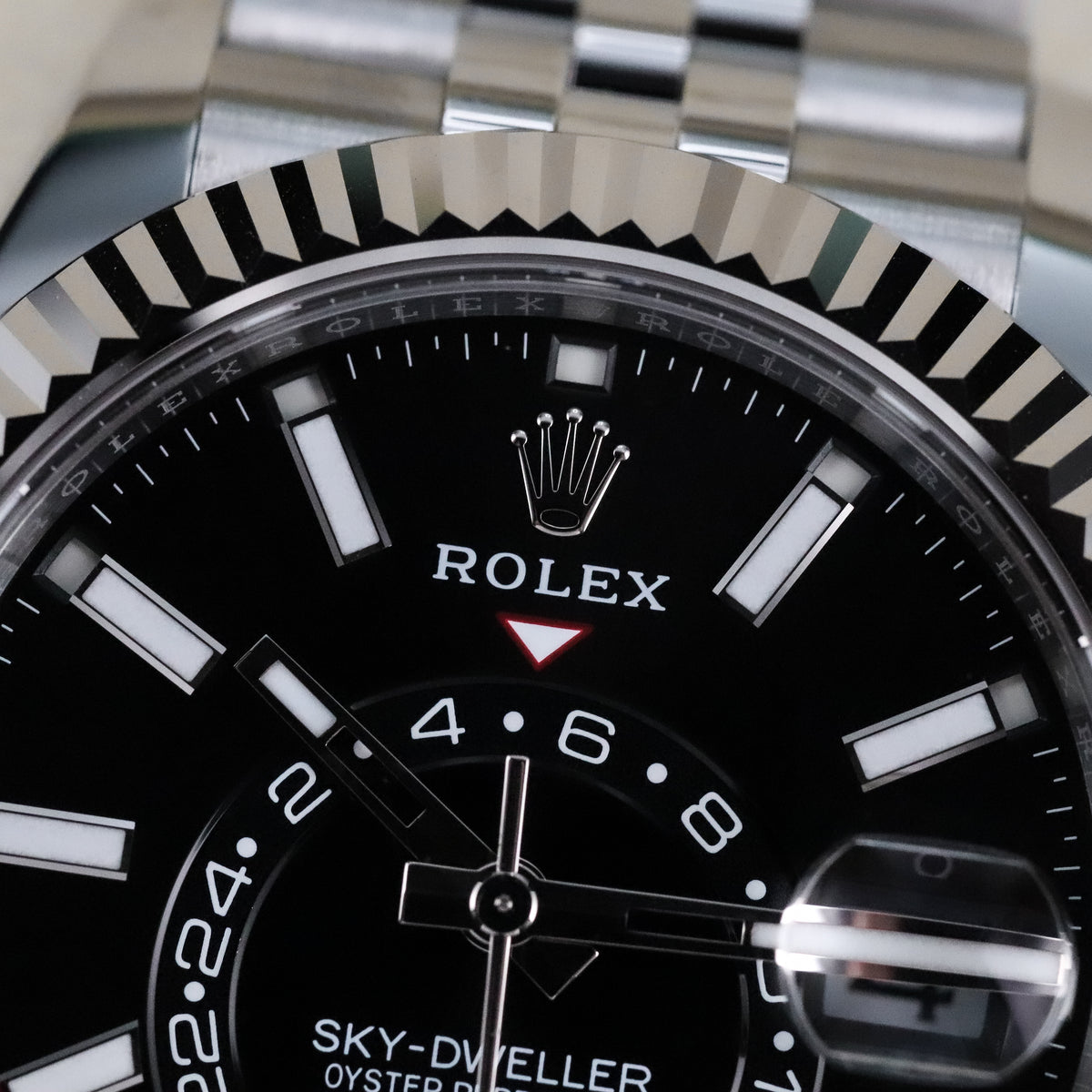 Rolex Sky-Dweller 42mm Black Dial Fluted White Gold Bezel Steel Jubilee Bracelet 336934