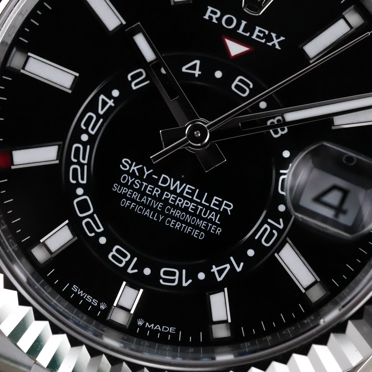 Rolex Sky-Dweller 42mm Black Dial Fluted White Gold Bezel Steel Jubilee Bracelet 336934