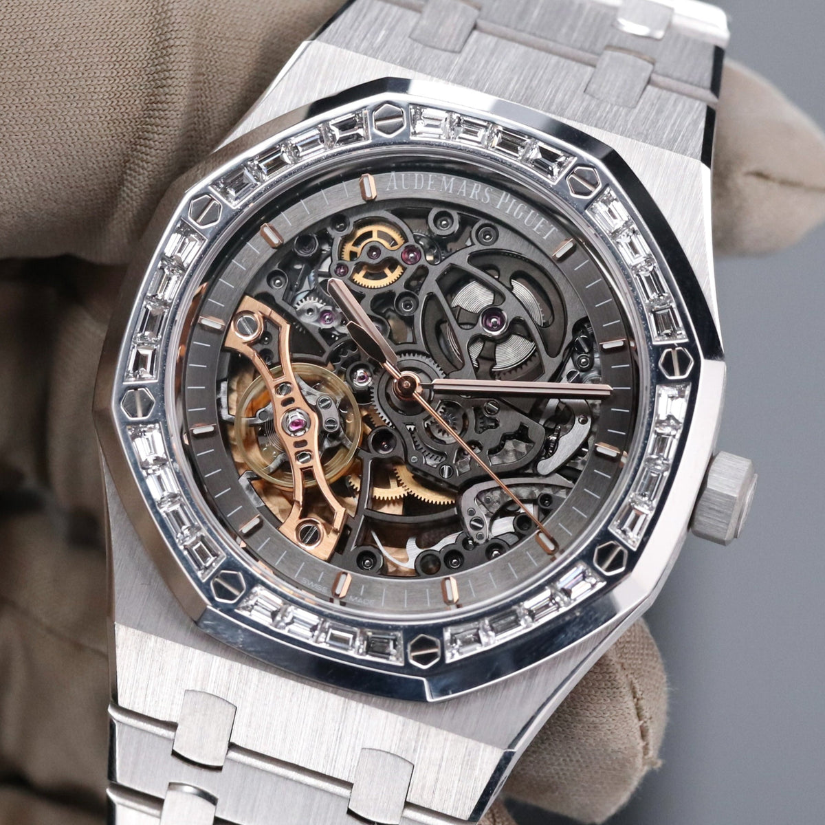 Audemars Piguet Royal Oak 41mm White Gold Double Balance Wheel Openworked Factory Baguette Bezel 15412BC.ZZ.1220BC.01