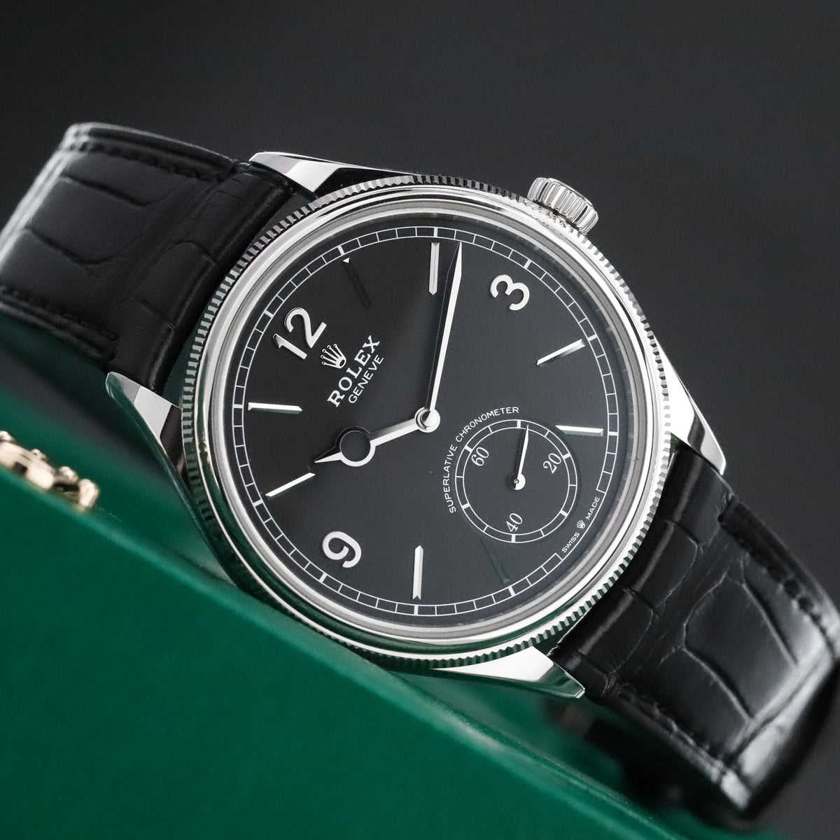 Rolex 1908 39mm 18k White Gold Black Dial Smooth Fluted Exhibition Leather 52509