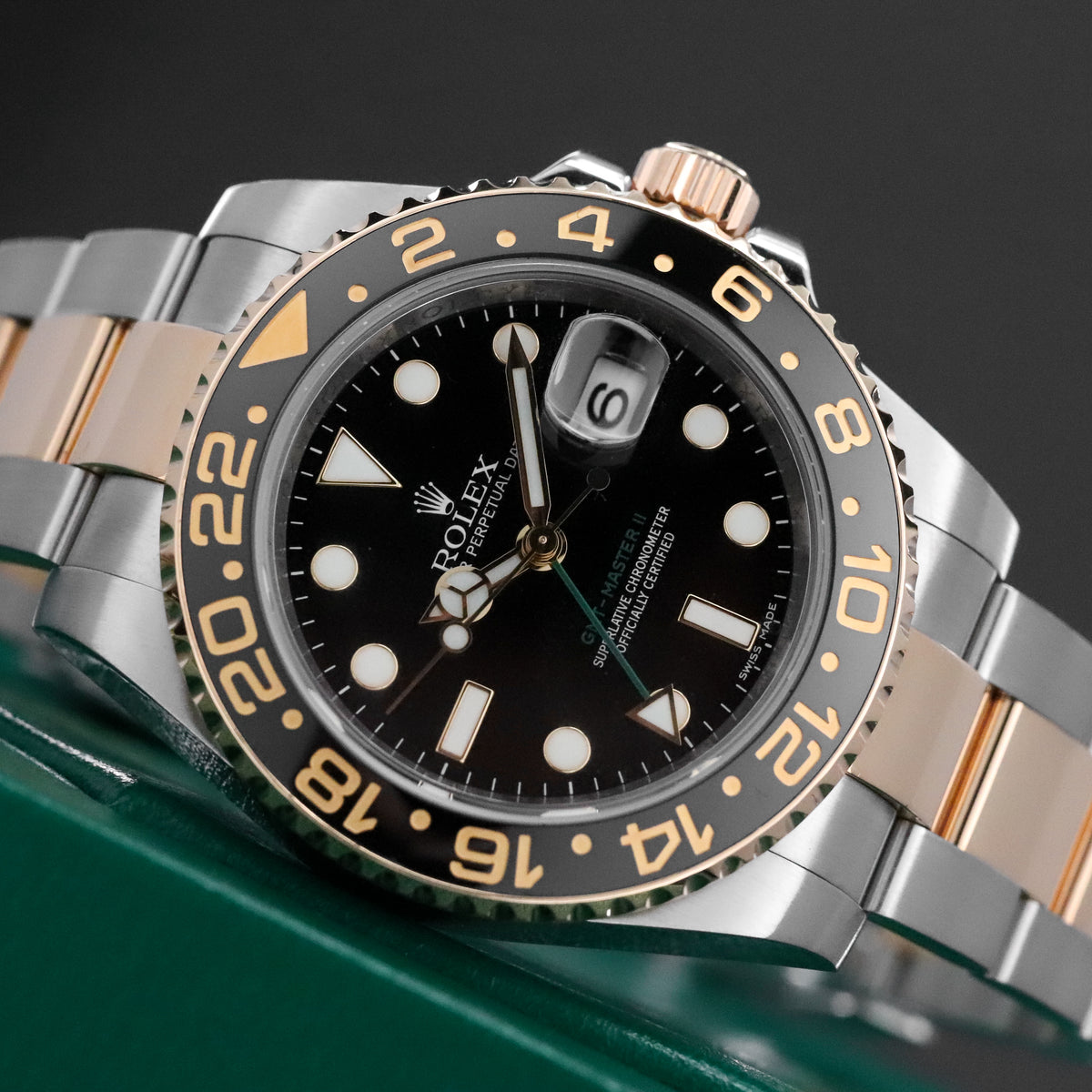 Rolex GMT-Master II 40mm Two Tone Yellow Gold Black Dial Green Arrow Oyster 116713LN - Discontinued Complete Set