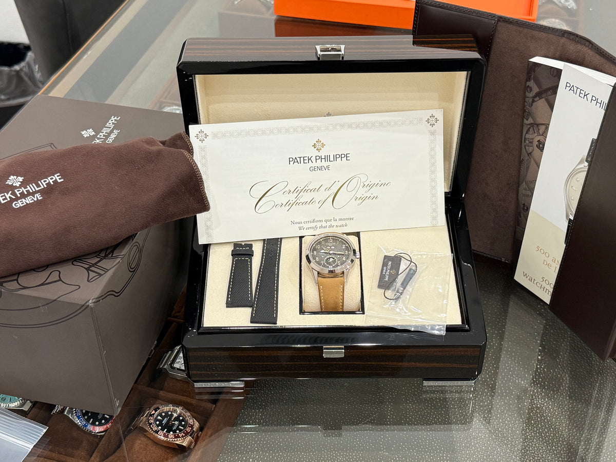 Patek Philippe Annual Calendar Travel Time 2022 Complete 41mm White Gold Charcoal Gray Dial Calfskin Strap 5326G-001