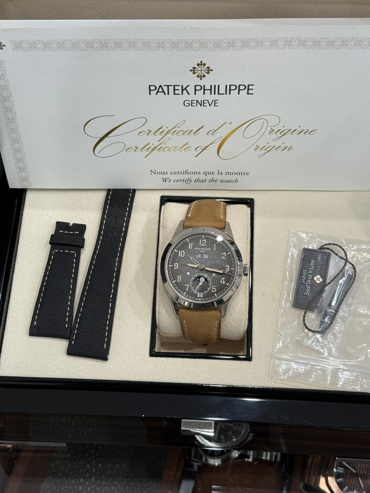 Patek Philippe Annual Calendar Travel Time 2022 Complete 41mm White Gold Charcoal Gray Dial Calfskin Strap 5326G-001