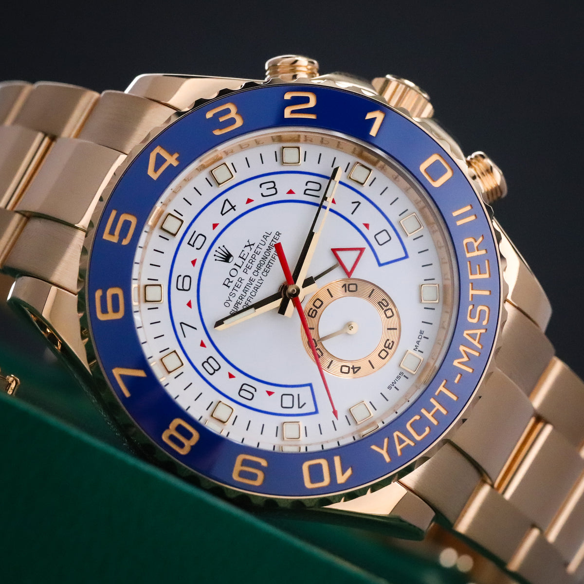 Rolex Yacht-Master II 44mm White Dial Blue Ceramic Bezel Yellow Gold Oyster 116688 Complete Set