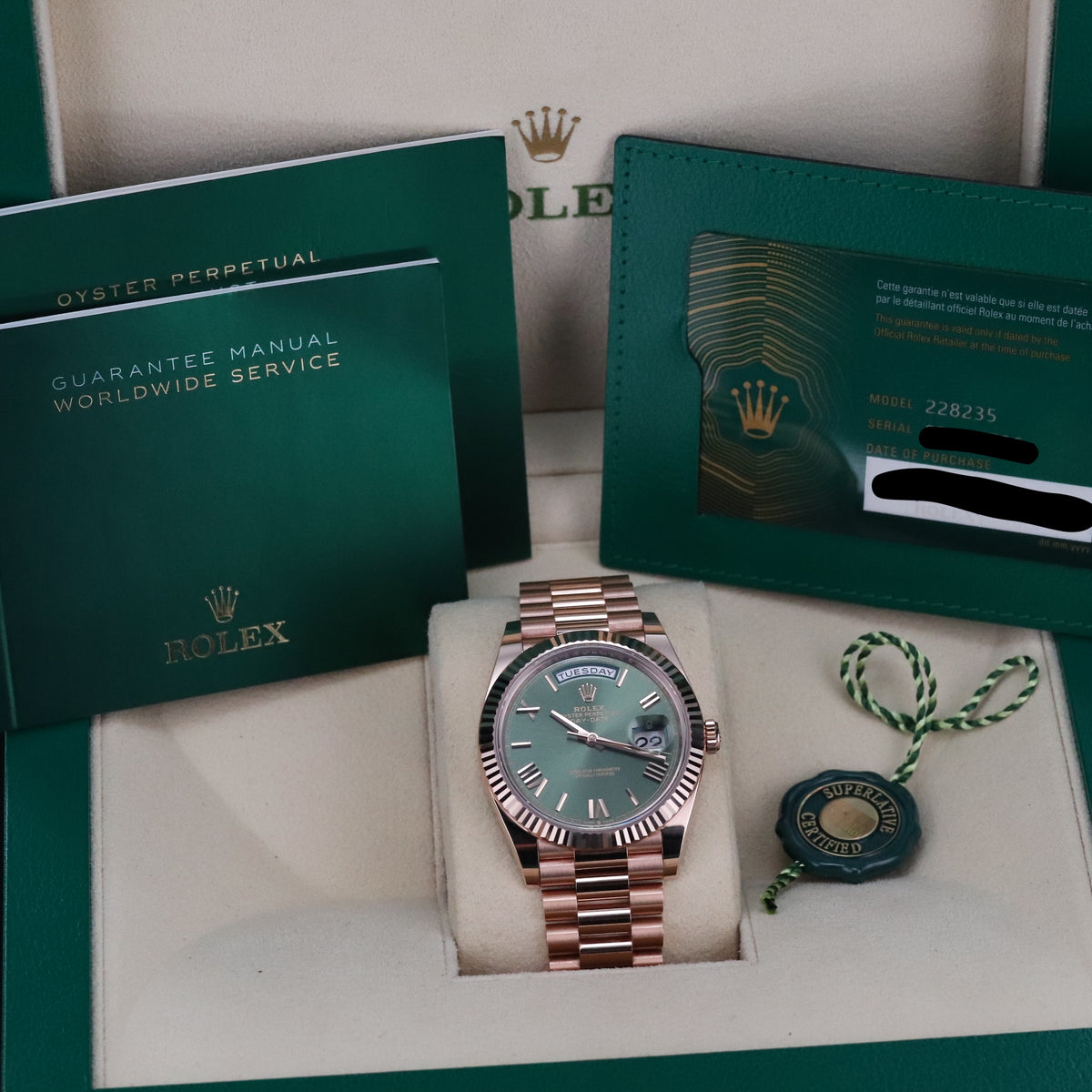 Rolex Day-Date 40 [Complete Set] Olive Dial Roman Green Rose Gold Presidential Fluted 228235
