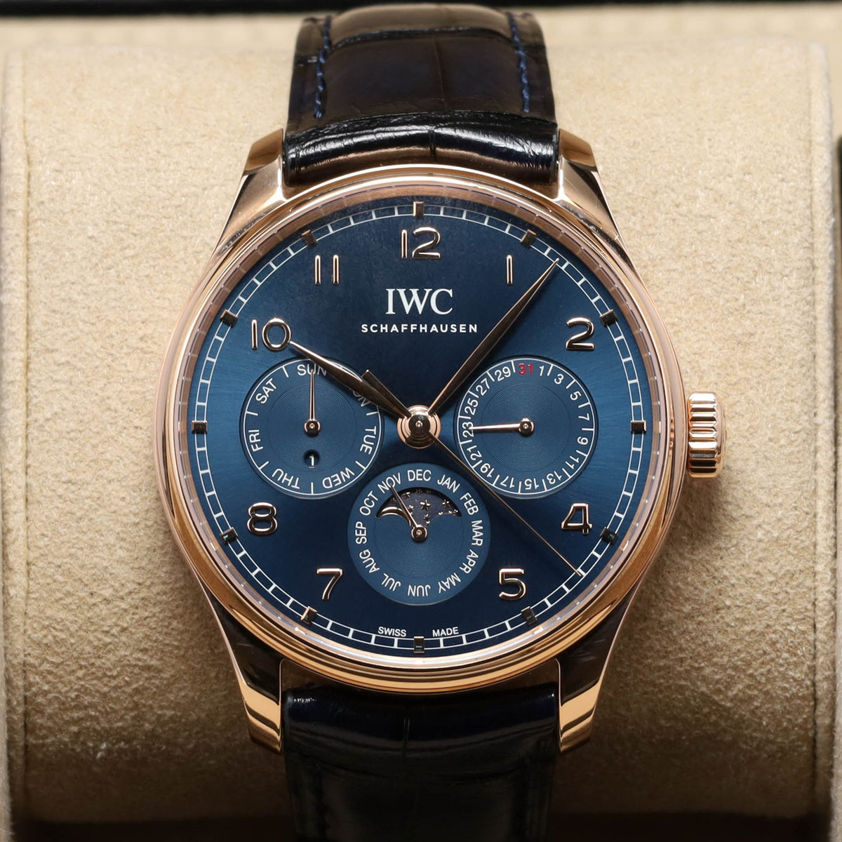 IWC Portuguese Perpetual Calendar 2024 Complete 42mm 18k Rose Gold Blue Dial 18k Rose Gold Bezel Blue Alligator Leather Strap IW344205