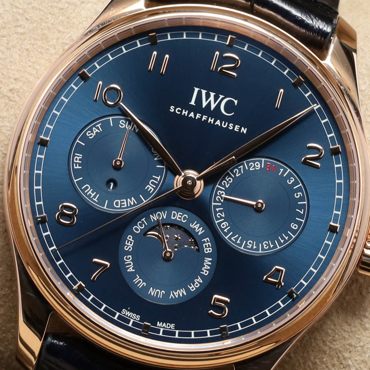 IWC Portuguese Perpetual Calendar 2024 Complete 42mm 18k Rose Gold Blue Dial 18k Rose Gold Bezel Blue Alligator Leather Strap IW344205