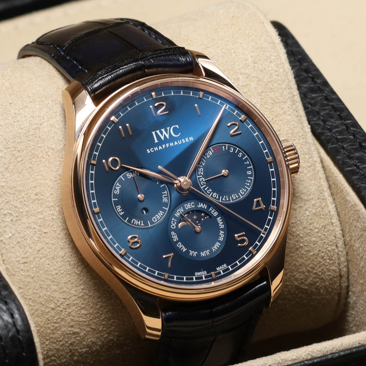 IWC Portuguese Perpetual Calendar 2024 Complete 42mm 18k Rose Gold Blue Dial 18k Rose Gold Bezel Blue Alligator Leather Strap IW344205