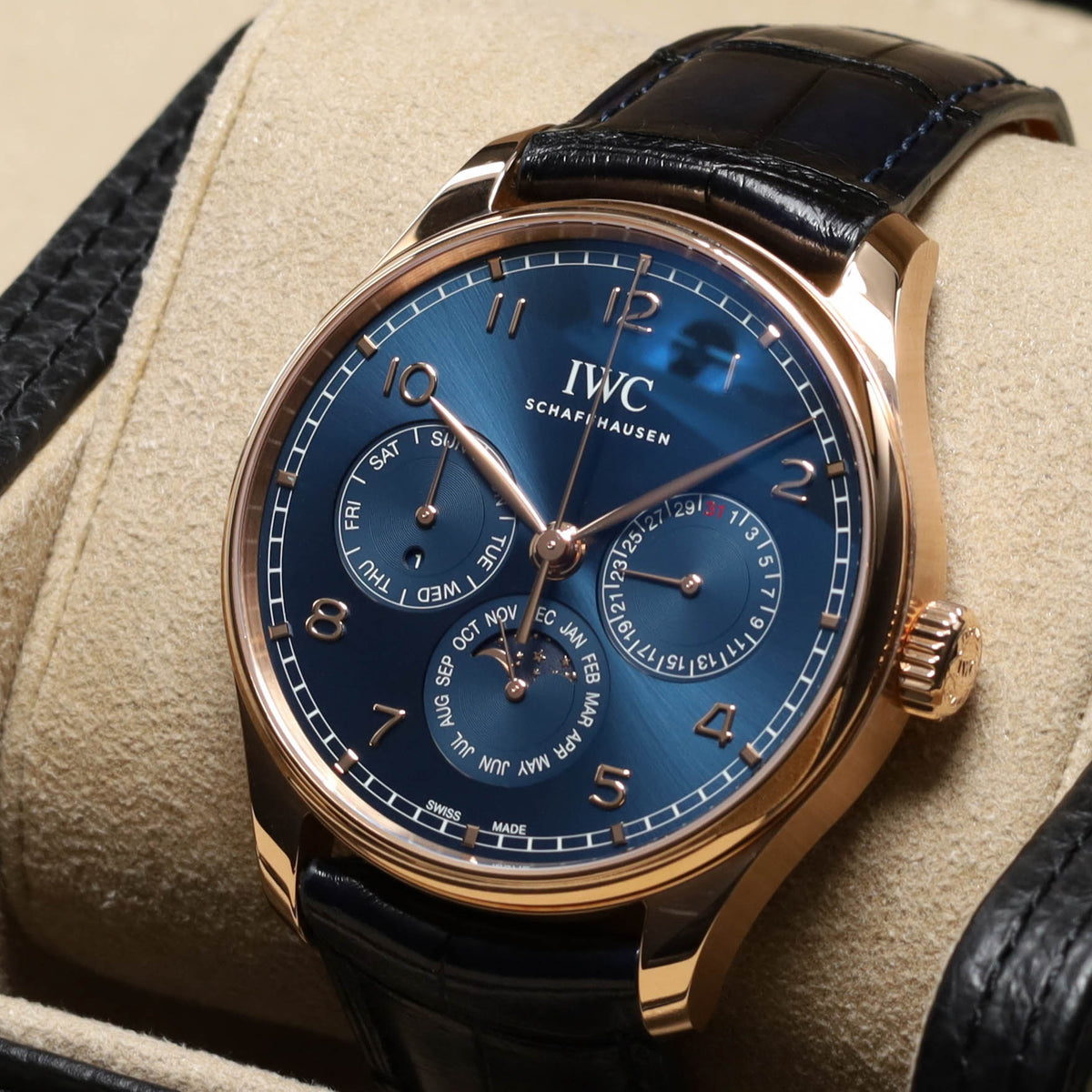 IWC Portuguese Perpetual Calendar 2024 Complete 42mm 18k Rose Gold Blue Dial 18k Rose Gold Bezel Blue Alligator Leather Strap IW344205