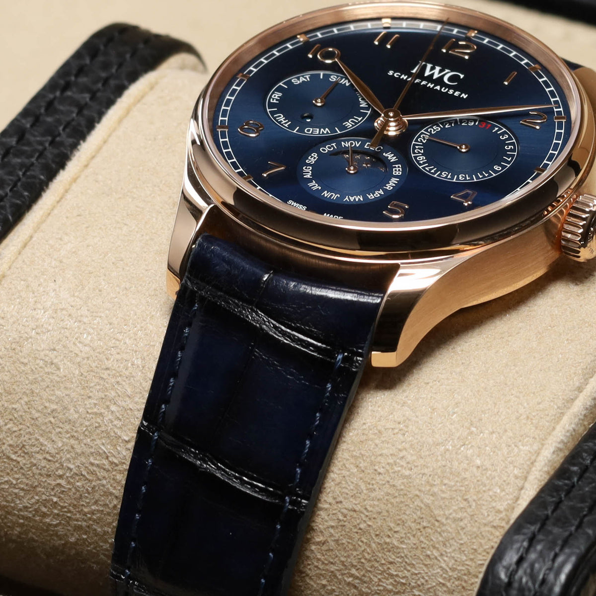 IWC Portuguese Perpetual Calendar 2024 Complete 42mm 18k Rose Gold Blue Dial 18k Rose Gold Bezel Blue Alligator Leather Strap IW344205