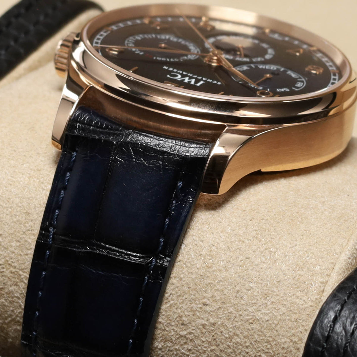 IWC Portuguese Perpetual Calendar 2024 Complete 42mm 18k Rose Gold Blue Dial 18k Rose Gold Bezel Blue Alligator Leather Strap IW344205