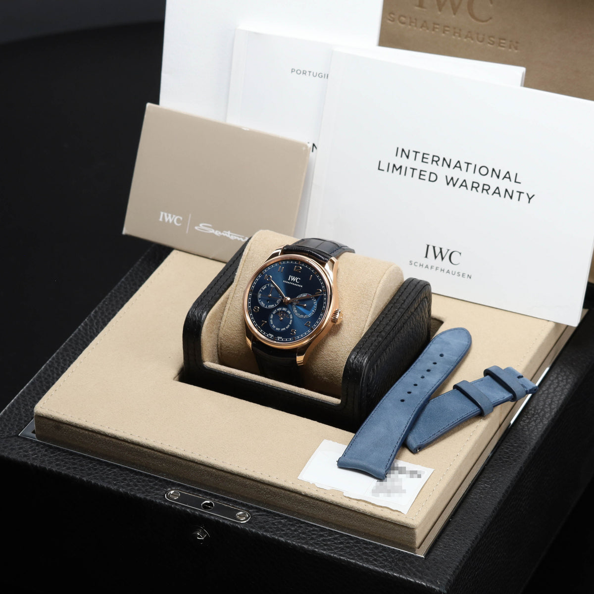 IWC Portuguese Perpetual Calendar 2024 Complete 42mm 18k Rose Gold Blue Dial 18k Rose Gold Bezel Blue Alligator Leather Strap IW344205