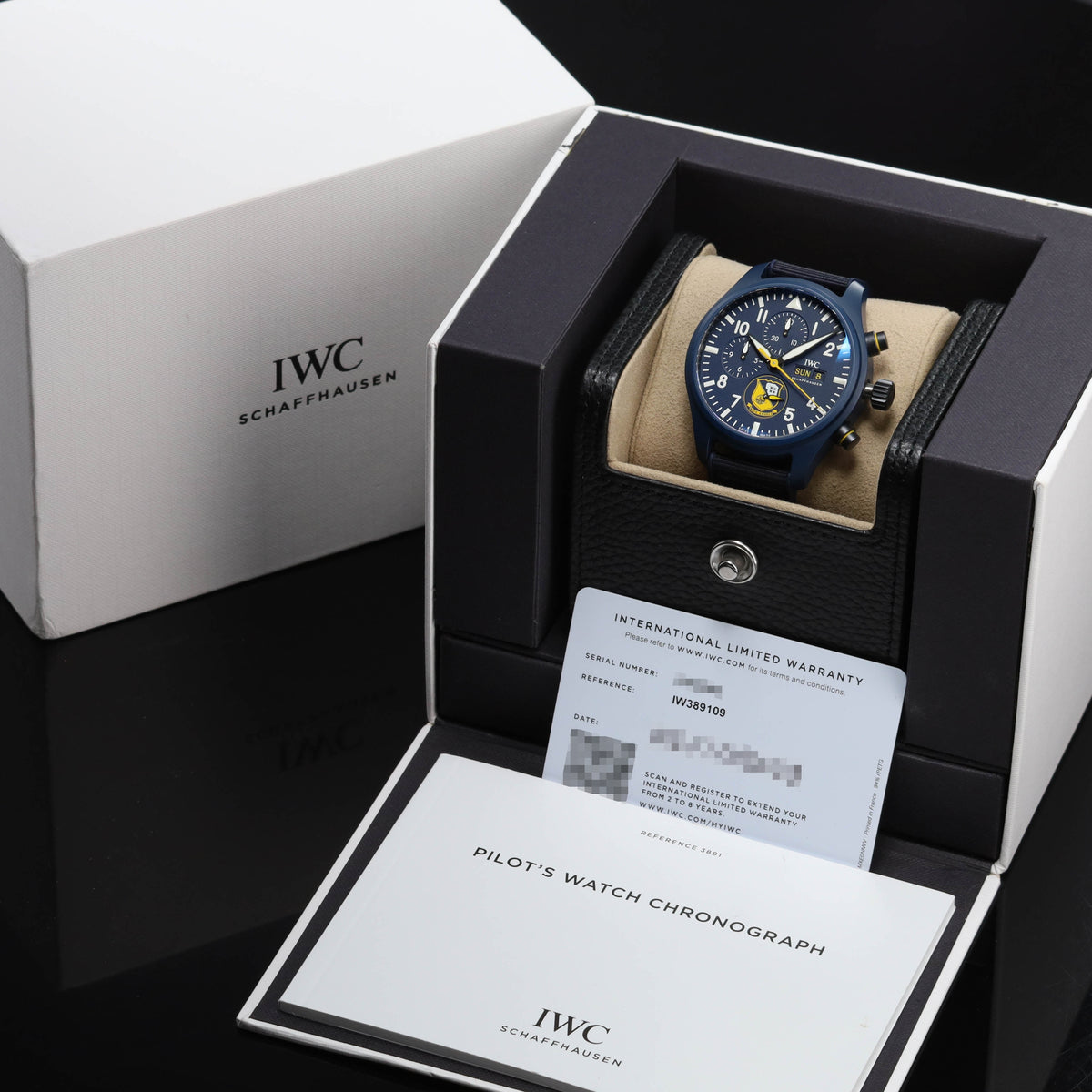 IWC 2023 Complete 44.5mm Blue Ceramic Blue with Yellow Accents Dial Blue Ceramic Bezel Blue Rubber Strap  IW389109