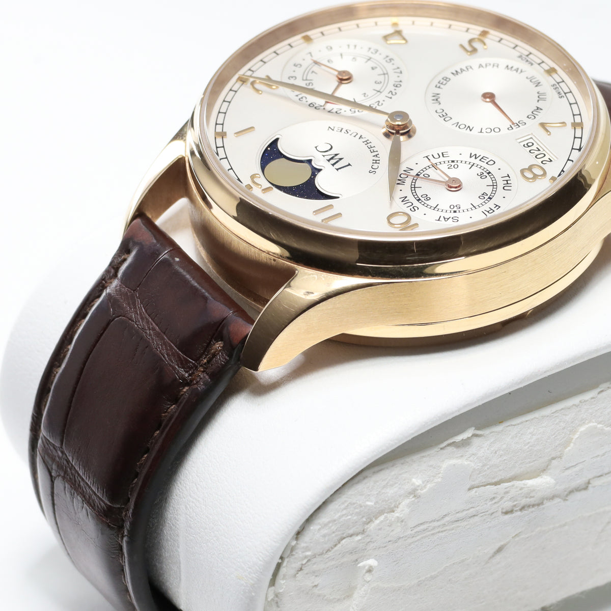 IWC Portugieser 42.3mm 18k Rose Gold Silver Dial 18k Rose Gold Bezel Brown Alligator Leather Strap with Rose Gold Deployant Clasp W502213