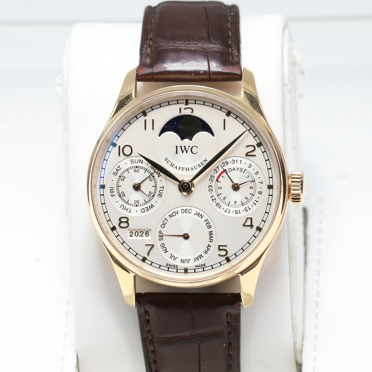 IWC Portugieser 42.3mm 18k Rose Gold Silver Dial 18k Rose Gold Bezel Brown Alligator Leather Strap with Rose Gold Deployant Clasp W502213