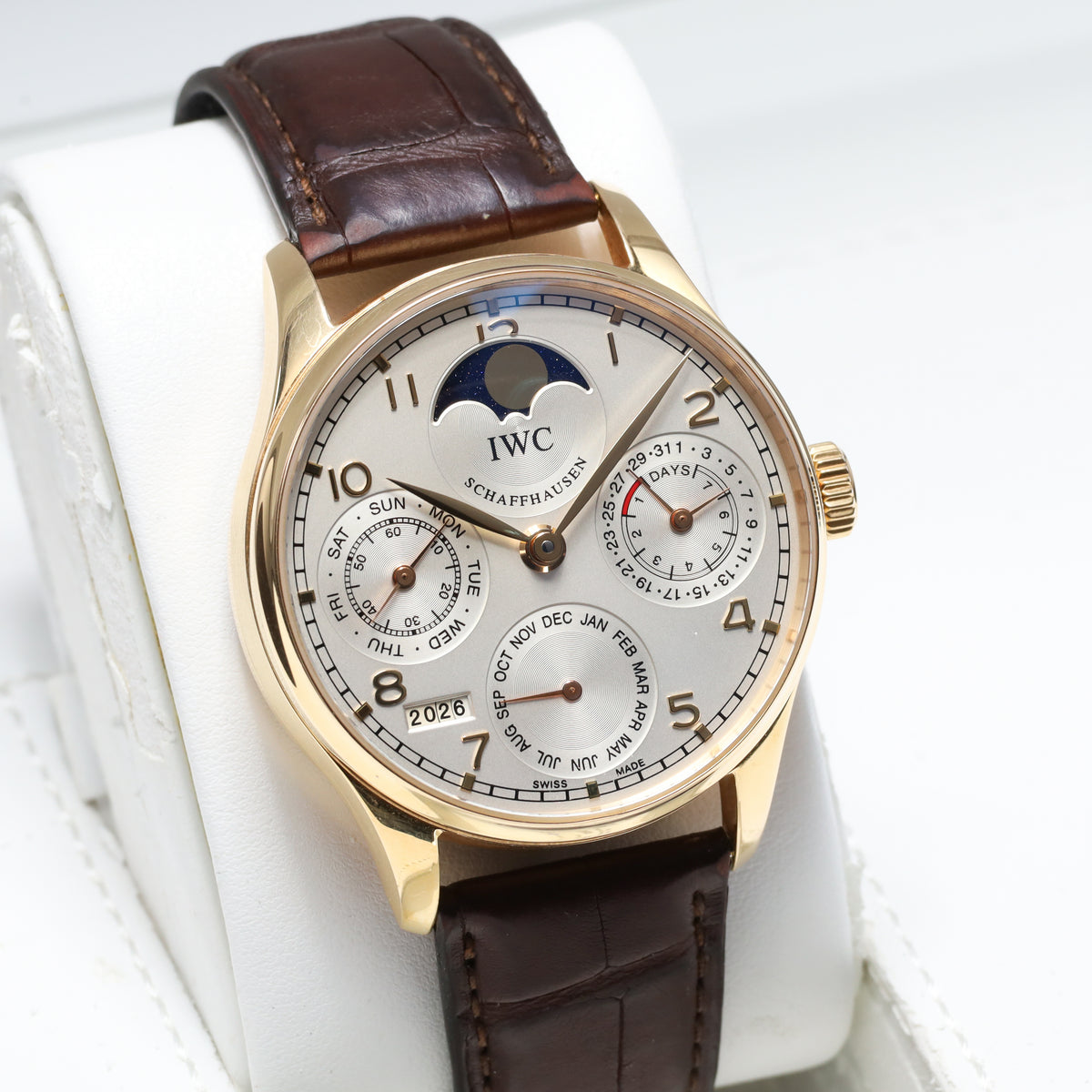 IWC Portugieser 42.3mm 18k Rose Gold Silver Dial 18k Rose Gold Bezel Brown Alligator Leather Strap with Rose Gold Deployant Clasp W502213
