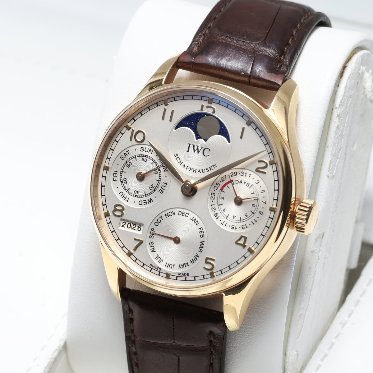 IWC Portugieser 42.3mm 18k Rose Gold Silver Dial 18k Rose Gold Bezel Brown Alligator Leather Strap with Rose Gold Deployant Clasp W502213