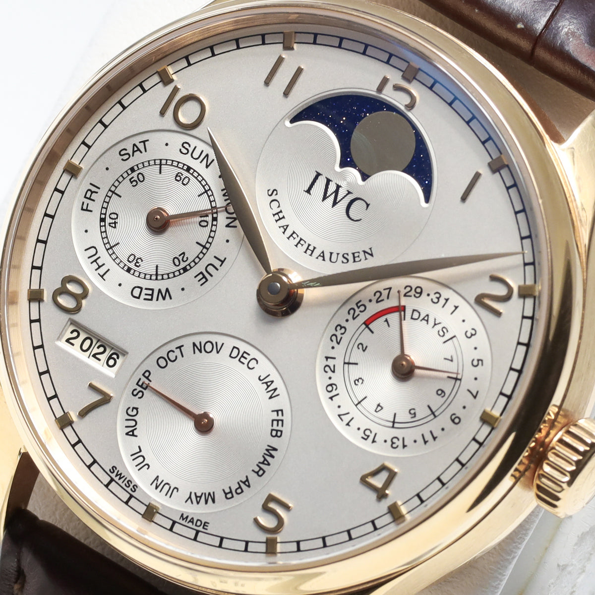 IWC Portugieser 42.3mm 18k Rose Gold Silver Dial 18k Rose Gold Bezel Brown Alligator Leather Strap with Rose Gold Deployant Clasp W502213
