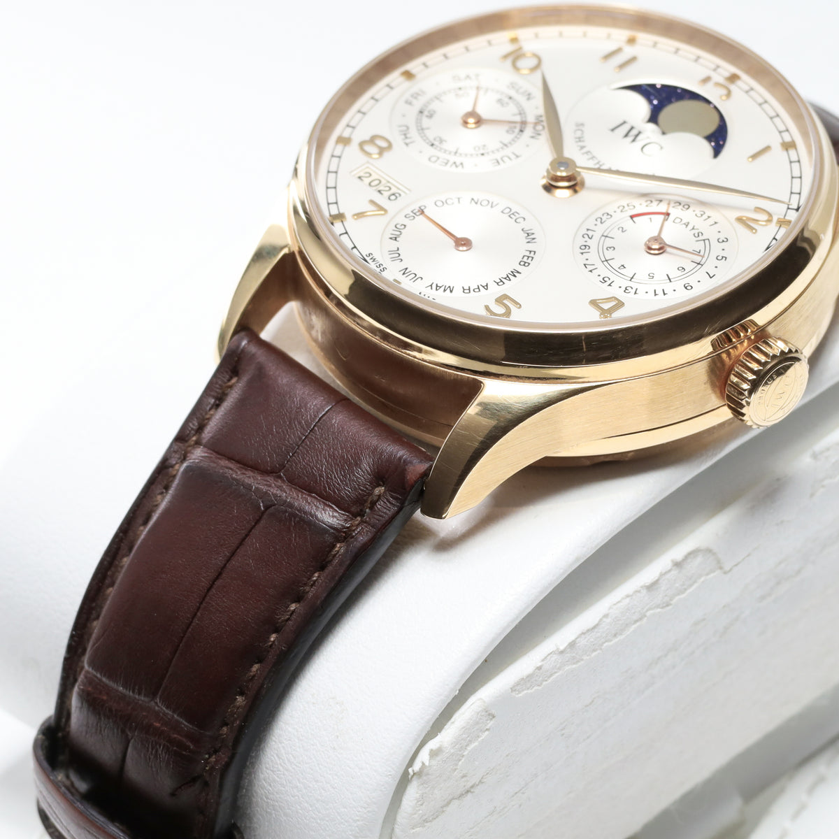 IWC Portugieser 42.3mm 18k Rose Gold Silver Dial 18k Rose Gold Bezel Brown Alligator Leather Strap with Rose Gold Deployant Clasp W502213