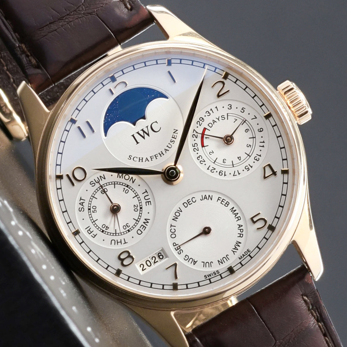 IWC Portugieser 42.3mm 18k Rose Gold Silver Dial 18k Rose Gold Bezel Brown Alligator Leather Strap with Rose Gold Deployant Clasp W502213