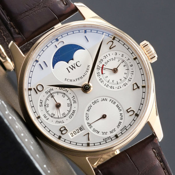 IWC Portugieser 42.3mm 18k Rose Gold Silver Dial 18k Rose Gold Bezel Brown Alligator Leather Strap with Rose Gold Deployant Clasp W502213
