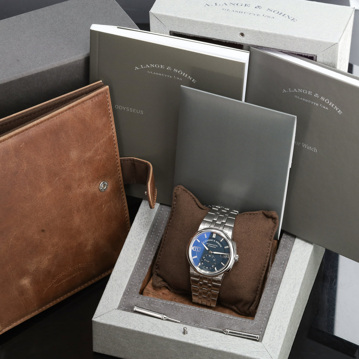 A Lange &Söhne Odysseus 2026 Complete 40.5mm Stainless Steel Blue Dial Stainless Steel Bezel Stainless Steel Integrated Bracelet with Folding Clasp  LSL5365BA