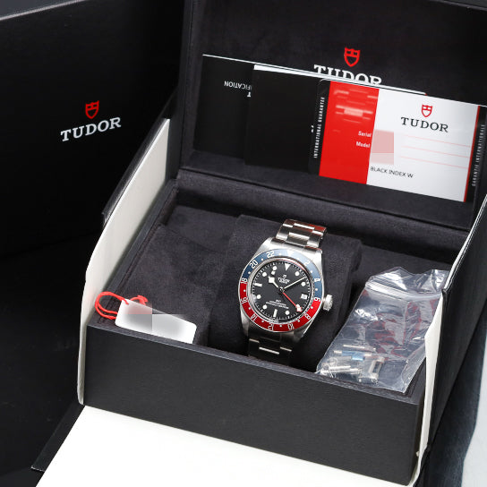 Tudor Black Bay 2019 Complete 41mm Stainless Steel Black Dial Red and Blue Aluminum Bezel Stainless Steel Bracelet M79830RB