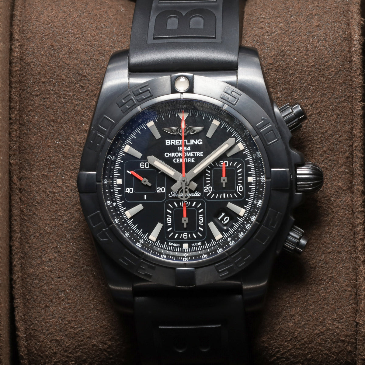 Breitling Chronomat 2020 Complete 44mm Blacksteel DLC-Coated Stainless Steel Black Dial Blacksteel Unidirectional Bezel Black Rubber Strap with Blacksteel Folding Clasp MB0111C3