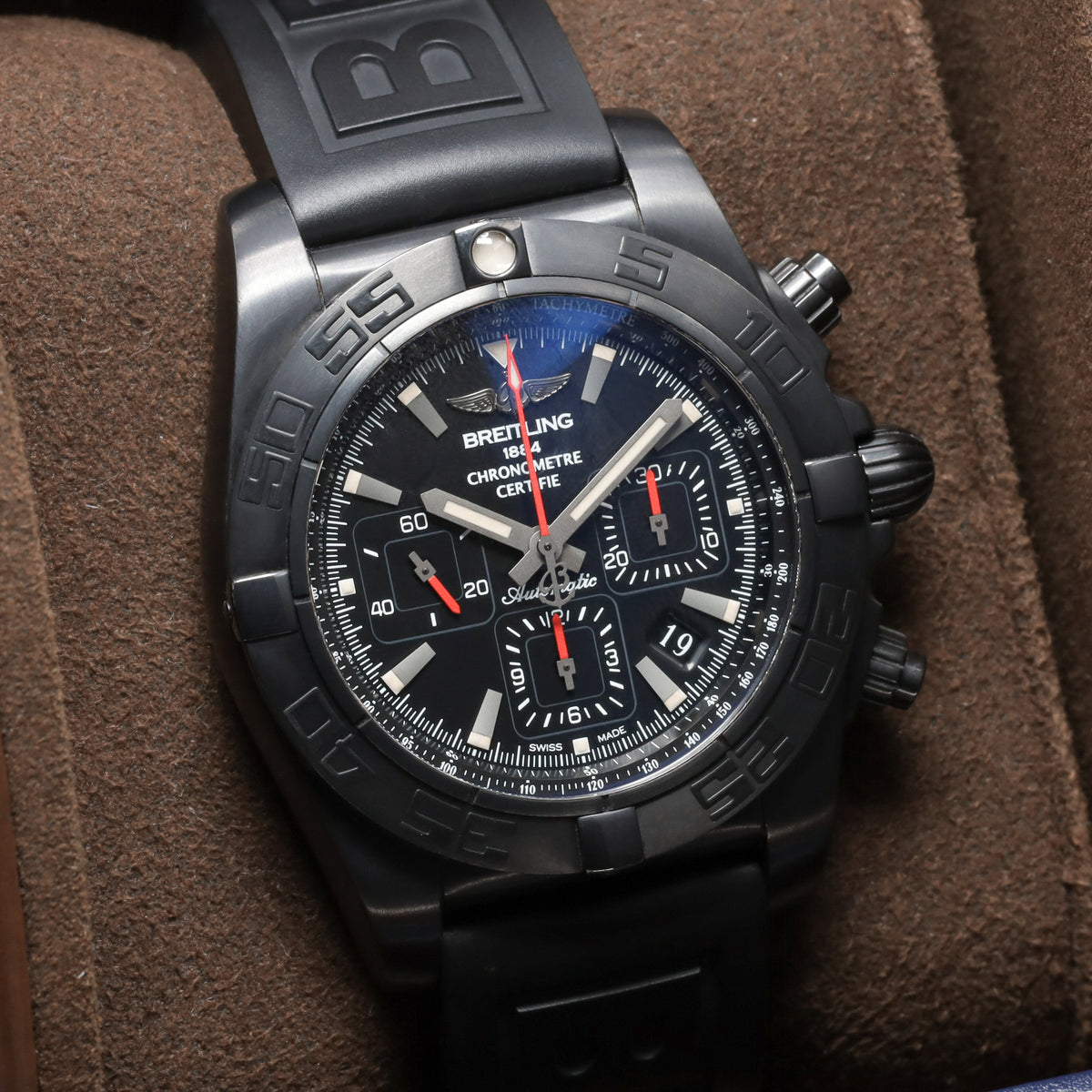 Breitling Chronomat 2020 Complete 44mm Blacksteel DLC-Coated Stainless Steel Black Dial Blacksteel Unidirectional Bezel Black Rubber Strap with Blacksteel Folding Clasp MB0111C3