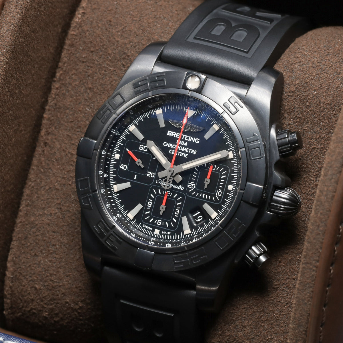 Breitling Chronomat 2020 Complete 44mm Blacksteel DLC-Coated Stainless Steel Black Dial Blacksteel Unidirectional Bezel Black Rubber Strap with Blacksteel Folding Clasp MB0111C3