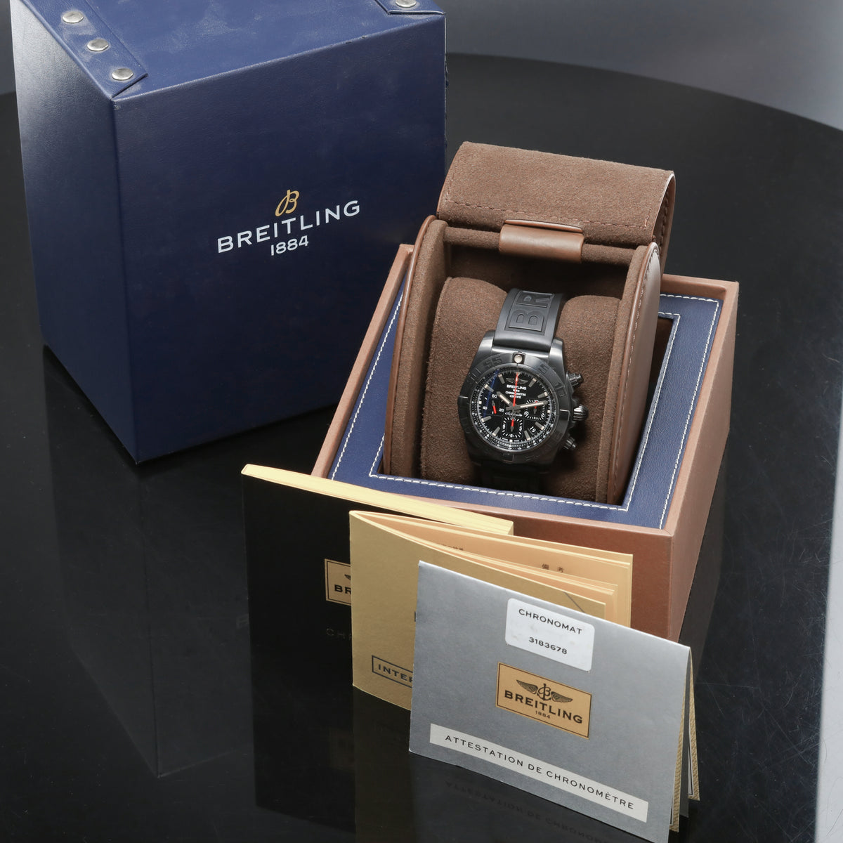 Breitling Chronomat 2020 Complete 44mm Blacksteel DLC-Coated Stainless Steel Black Dial Blacksteel Unidirectional Bezel Black Rubber Strap with Blacksteel Folding Clasp MB0111C3