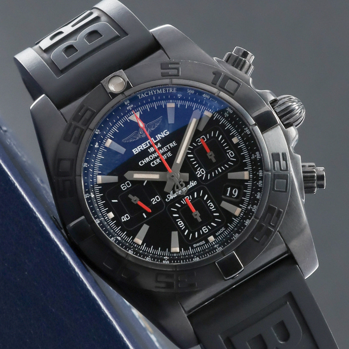 Breitling Chronomat 2020 Complete 44mm Blacksteel DLC-Coated Stainless Steel Black Dial Blacksteel Unidirectional Bezel Black Rubber Strap with Blacksteel Folding Clasp MB0111C3